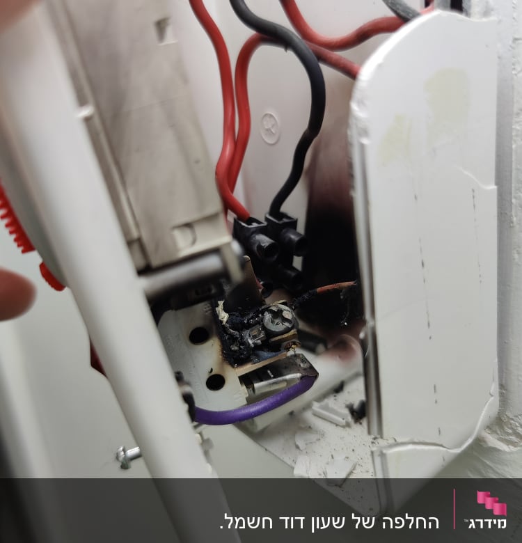 חוטי חשמל אדומים ושחורים בתוך קופסת חיבורים